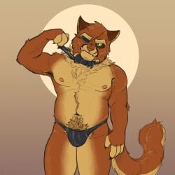 anthro body_hair bow_tie chest_fur chubby_male clothing darkcatto displeased eye_patch eyewear felid feline fur happy_trail hi_res jockstrap lackadaisy looking_annoyed male mammal moobs musclegut neck_tuft orange_body orange_fur slightly_chubby solo_male tuft underwear viktor_vasko webcomic