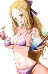 bikini blonde_hair blush holding_drink mifune_chihaya persona persona_5 ponytail purple_bikini purple_eyes purple_ribbon takeminaieeru white_background