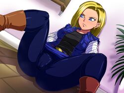 android_18 blonde_hair blue_eyes blush boots denim_jacket dragon_ball dragon_ball_z earrings female fully_clothed jewelry latex pantyhose raburebo solo spread_legs