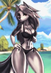 1girls 2020 4_fingers anthro aozee beach bikini bikini_bottom bikini_top black_bikini black_clothing black_nose black_swimwear blue_sky canid canid_demon canine clothing cloud day demon detailed_background digital_media_(artwork) ear_piercing female fingers fur grey_body grey_fur grey_hair hair hand_on_hip hellhound helluva_boss long_hair looking_at_viewer loona_(helluva_boss) mammal multicolored_body multicolored_fur navel outside palm_tree piercing plant red_eyes seaside sky solo standing swimwear tree vivienne_medrano water white_body white_fur