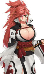 baiken cleavage epic7 facial_scar female female_warrior guilty_gear huge_breasts japanese_clothes katana long_hair looking_at_viewer one-eyed red_eyes red_hair samurai_girl sanj_(artist) serious tattoo