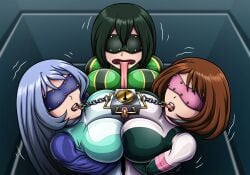 3girls arms_tied blindfold blindfolded bondage boob_press bound bound_together breast_to_breast collar defeated_heroine defeated_superheroine hero_outfit_(mha) huge_breasts long_tongue multiple_girls my_hero_academia nejire_hado ochako_uraraka open_mouth predicament_bondage re-maker short_hair slave slavegirl superheroine tied_together tongue_leash tongue_out tongue_piercing tsuyu_asui