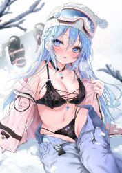 1girls arm_support baggy_pants bangs beanie black_lingerie blue_eyes blue_hair blush braids female heavy_breathing lace_trim large_breasts lingerie long_hair nail_polish necklace neoteny painted_nails pants pants_down shoes_removed sitting ski_mask snow sweatdrop thick_thighs undressed y2k yoruhoshi_owl