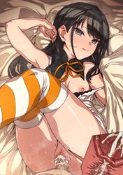 1boy 1girls bangs bed_sheet black_hair blush breasts censored clothing cross_section cum cum_in_pussy cum_in_uterus cum_inside erere female idolmaster idolmaster_shiny_colors internal_cumshot kazano_hiori legs_together legs_up long_hair lying male missionary mole mole_under_mouth mosaic_censoring nipples on_back overflow penetration penis pussy sex solo_focus straight striped striped_legwear thighhighs uterus vaginal_penetration