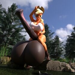 1futa 3d 3d_(artwork) anthro applejack_(mlp) balls_bigger_than_head big_ass big_breasts blonde_hair blurry_background boob_window boots bottomless clothes cowboy_hat detailed_background earth_pony equine friendship_is_magic futa_only futanari green_eyes horse_penis horseballs horsecock horsecock_futanari hyper_balls hyper_penis long_hair long_penis looking_at_viewer mammal my_little_pony outside penis_longer_than_knee pony shocking_(artist) solo solo_futa solo_futanari standing topwear