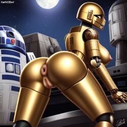 1boy1girl ai_generated android anus ass bent_over breasts butt c-3po darkeffect donut_anus droid gold_skin looking_away looking_back machine moon moonlight outside presenting_hindquarters pussy r2-d2 rear_view robot star_wars