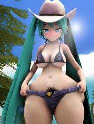 1female 1girls big_breasts bikini_top blush blush blushing_at_viewer booty_shorts breasts cowboy_hat hairy_pussy hatsune_miku hips pubes pubic_hair superstreamteam thighs turquoise_eyes turquoise_hair vocaloid wide_thighs