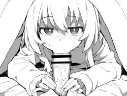 1boy absurdres aisaka_taiga bar_censor blush censored erection fellatio female flat_chest greyscale highres long_hair long_sleeves looking_at_viewer monochrome oral penis pov straight sweat toradora! under_covers upper_body wagashi_(dagashiya)