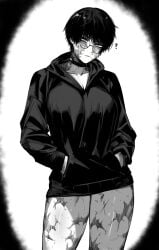 bangs big_ass big_breasts big_thighs black_and_white black_clothing burn_scar choker cleavage cozy curious cute cute_girl dark_hair eyeliner fit_female glare glasses hands_in_pockets hoodie hoodie_only jujutsu_kaisen legs light_eyes masoq095 muscle_mommy no_pants question_mark scar shiny_skin short_hair shounen_jump thick_thighs thigh_focus thighs thighs_bigger_than_head tomboy zenin_maki