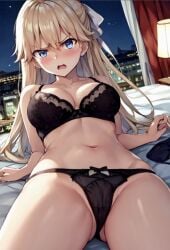 ai_generated black_bra black_panties blonde_hair blue_eyes blush classroom_of_the_elite disgusted_look female hair_ribbon long_hair looking_at_viewer lying_on_back lying_on_bed nanase_tsubasa open_mouth solo_female solo_focus white_hair_ribbon youkoso_jitsuryoku_shijou_shugi_no_kyoushitsu_e