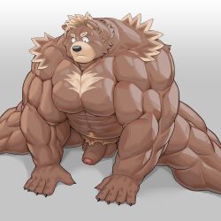 1boy abs anthro bear bodily_fluids brown_bear brown_body brown_fur foreskin fur furry furry_only genitals hands_on_floor hi_res humanoid humanoid_genitalia humanoid_penis looking_down male male_only mammal mti777 musclegut muscular navel nipples nude pecs penis solo solo_male splits sweat sweatdrop ursine