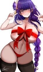 1girls astraea_(atelierastraea) breasts christmas female genshin_impact hi_res hips huge_breasts light-skinned_female light_skin long_hair naughty_face purple_eyes purple_hair raiden_shogun simple_background solo_female thick_thighs thighs wide_hips