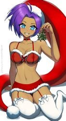 1girls chocker dark-skinned_female female female_only fur_trim genie genie_girl lingerie mistletoe revenantart santa_costume santa_hat shantae shantae_(character) solo