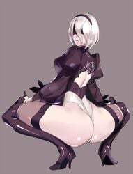 1girls ass ass_focus back_view big_ass blindfold female high_heels leotard looking_back mole_under_mouth nier nier:_automata nier_(series) round_ass short_hair spread_legs squatting tagme thick_ass ukimukai white_hair yorha_2b