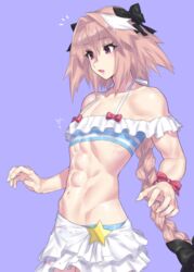 abs ambush_(trap) astolfo_(fate) bows braided_hair crossdressing fang fate/apocrypha fate/grand_order fate_(series) femboy hairbow male_focus male_only mizuumi_(bb) muscular_femboy sarong swimsuit toned_body trap