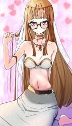 egyptian_clothing egyptian_headdress embarassed heart orange_hair persona persona_5 pink_background sakura_futaba shadow_futaba takeminaieeru