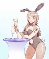 alcohol blush bowtie brown_eyes bunny_ears bunnysuit cameltoe cleavage drunk female female_only fishnets large_breasts long_hair looking_at_viewer low_ponytail matsumoto_yoriko milf navel playboy_bunny ponytail simple_background smile solo_female table teacher thighs white_background yuyushiki