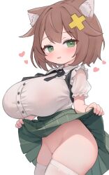 1girls animal_ear_fluff animal_ears blush bottomless breasts brown_hair cat_ears catgirl clothes_lift female green_eyes green_skirt hair_ornament heart huge_breasts lifted_by_self looking_at_viewer nekomimi no_panties open_mouth sa_ka_(sakanoya) shirt short_hair short_sleeves shortstack simple_background skindentation skirt skirt_lift small_but_busty smile solo thighhighs thighs virtual_youtuber vtuber white_background white_shirt white_thighhighs x_hair_ornament young