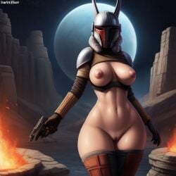 1girls ai_generated belly belly_button blaster blaster_pistol breasts darkeffect desert female_only fire gun helmet mandalorian moon moonlight mountain outdoors partially_clothed pussy realistic solo_female star_wars