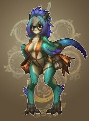 absurd_res anthro anthrofied blue_body blue_feathers breasts bridle capcom claws dinosaur dragon feathers feet female fingers green_body hair hi_res monster_hunter monster_hunter_wilds muhut multicolored_body multicolored_feathers purple_body purple_feathers reins reptile scalie seikret simple_background solo tail toes yellow_body yellow_feathers