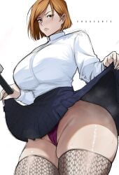 1girls big_breasts black_stockings breasts busty collared_shirt erogearts fat_ass fat_thighs hammer holding_hammer hourglass_figure huge_breasts jujutsu_kaisen kugisaki_nobara large_breasts light-skinned_female looking_at_viewer looking_down_at_viewer orange_hair panties purple_thong pussy_outline short_hair shounen_jump simple_background skindentation skirt skirt_lift solo solo_female stockings tagme thick_thighs thighhighs thighs thong white_background white_collared_shirt wide_hips zettai_ryouiki