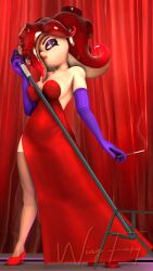 3d 3d_(artwork) crossover dress jessica_rabbit_(cosplay) microphone octoling octoling_girl red_hair sheila_(wingfury) splatoon who_framed_roger_rabbit wing_fury