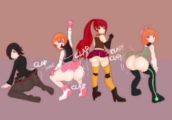 4girls ankle_boots ass ass_focus black_hair boots circlet dweezyvox female female_only gorget greaves high_ponytail long_hair multiple_girls nora_valkyrie orange_hair penny_polendina ponytail pyrrha_nikos red_hair ruby_rose rwby short_hair sidelocks tagme thighhighs twerk twerking twerkoff