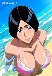 1girls ai_generated artist_name aru117 beach big_breasts bikini bikini_bottom bikini_top black_hair bleach bleach:_the_thousand-year_blood_war breasts cleavage commentary female female_only huge_breasts light-skinned_female light_skin looking_at_viewer mature mature_female mature_woman milf nai_diffusion ocean oppai outdoors pinup pixiv_username revealing_swimsuit sand seaside seductive seductive_look seductive_smile skimpy skimpy_bikini smile solo solo_focus stable_diffusion unohana_retsu upper_body water watermark