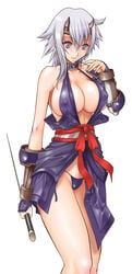 1girls absurdres armwear cleavage female g-string highres horns huge_breasts juubaori_mashumaro ninja no_bra queen's_blade revealing_clothes shizuka short_hair silver_eyes solo sword weapon white_hair