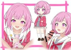 1boy 1girls ayafuya-p blush clothed female handjob looking_at_viewer ootori_emu panties panties_down panties_on_penis pantyjob penis pink_eyes pink_hair pov project_sekai