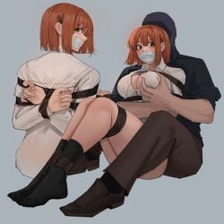 1boy1girl 1girl1boy arms_tied_behind_back bondage bound bound_ankles bound_arms bound_legs bound_thighs breasts dress_shirt eimi_(harris_hero) faceless_male female_focus gag gagged gagged_female groping hair_pin harris_hero hetero large_breasts masked_male open_shirt orange_eyes orange_hair restrained rope rope_bondage sexual_assault short_hair solo_focus tape_gag tears_in_eyes thighs