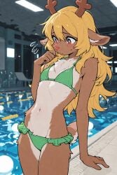 ai_generated anthro anthro_only antlers bikini blonde brown_fur deer deltarune female frilly frilly_bikini fur furry furry_female furry_only miragetheone noelle_holiday pool reindeer skinny small_breasts teenager