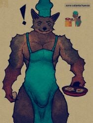 3:4 anthro apron apron_only balls_outline barazoku bulge butt canid canine chef_hat clothed clothing cooking detailed_bulge egg facebook_fox facebook_stickers fox genital_outline hat headgear headwear hi_res humor male mammal meme muscular muscular_anthro muscular_male partially_clothed pecs penis_outline solo theanzelart