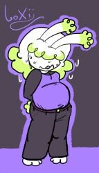 blushing blushing_lines bunny_girl chubby chubby_female clothed_female eyes_covered nervous oc poofy_hair sensealwm shortstack