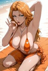 ai_generated beach bleach kneeling matsumoto_rangiku orange_bikini orange_hair sarong sling_bikini tagme