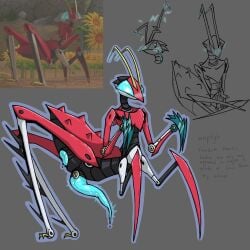 1:1 4_legs antennae_(anatomy) anus arthropod badnik black_body blade blue_anus blue_eyes blue_penis blush blush_lines dripping genitals heart_eyes heart_symbol insect knil_(artist) machine male mantis penis red_body robot robot_anthro screw sega solo sonic_boom sonic_the_hedgehog_(series) taur