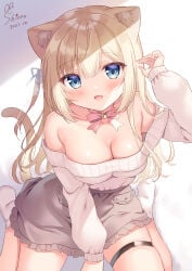 1girl blonde_hair blush breasts cat_ears cat_tail catgirl clothed collar hair_ribbon highres kneeling large_breasts long_hair long_sleeves nekomimi nipples open_sweater original ribbo shiono_(0303) shirt skirt straight_hair sweater thigh_strap