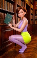 ai_generated helen_parr high_heels looking_at_viewer miniskirt pantyhose squatting the_incredibles thighs