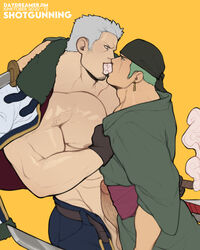 2boys abs arm_around_shoulder ass bandana bara bare_pectorals daydreamerjim denim ear_piercing erection facial_hair from_side gay goatee green_hair green_kimono grey_hair jacket jacket_on_shoulders japanese_clothes jeans kimono kissing large_pectorals making_out male male_focus male_on_male male_only mature_male multiple_boys muscular muscular_male nipples one_piece open_pants pants pectorals penis piercing profile roronoa_zoro short_hair shotgunning sideburns smoke smoker_(one_piece) stubble sword tongue_kiss tongue_out uncensored veins yaoi