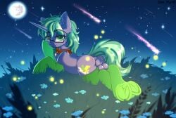 alternate_character alternate_version anus balls bisexual bisexual_pride_colors butt chest_fluff clothes commission ear_fluff ears_up explicit femboy field flower friendship_is_magic full_body genitals glasses grass grass_field horn lgbt looking_at_you looking_back looking_back_at_you lying_down male mlp mlp_g4 moon my_little_pony night nudity outdoors plot pony pride pride_flag pride_month prone smiling smiling_at_you socks solo stars striped_socks tail unicorn yuris_(artist)