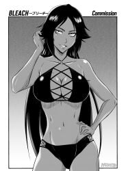 1girl absurdres bikini bleach bleach:_brave_souls breasts cleavage commentary commission copyright_name cowboy_shot criss-cross_straps english_commentary greyscale halterneck hand_on_own_hip highres large_breasts long_hair monochrome parted_lips shihouin_yoruichi signature smile solo swimsuit very_long_hair