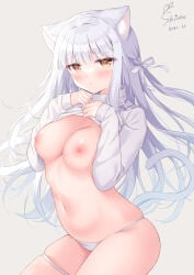 1girl arm_support bikini bikini_bottom blush breasts breasts_out cat_ears cat_tail catgirl clothed hair_ribbon highres kneeling long_hair long_sleeves medium_breasts nekomimi nipples open_sweater original ribbon shiono_(0303) shirt skirt straight_hair sweater thigh_strap white_hair