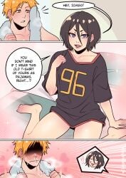 1boy 1girls black_hair bleach blush dangerousbride dialogue english_text female funny heavy_blush ichigo_kurosaki kuchiki_rukia looking_at_viewer male orange_eyes orange_hair purple_eyes smiling speech_bubble tagme very_high_resolution