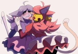 2d 2d_artwork 2girls blush blush_lines blushing blushing_at_partner cat_ears cat_tail catgirl clothed clothing deltarune deltarune_chapter_5 eyelashes face_lick face_licking female female_focus female_only holding_hands licking licking_face mad_mew_mew mew_mew_(undertale) mew_mew_kissy_cutie selfcest simple_background smile smiling smiling_at_partner tagme tagme_(artist) tongue tongue_on_face tongue_out trans_woman transfem undertale_(series) white_background yuri