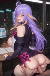 1boy 1girl ai_generated anus ass ass_grab breasts desk doggystyle fadia_(neverness_to_everness) glasses groping hetero hi_res high_quality high_resolution indoors kiraamane long_hair looking_at_viewer looking_back monitor multicolored_hair nipples patreon penis purple_hair pussy seductive sex sex_from_behind sexy skirt skirt_lift solo_focus thighhighs uncensored vaginal watermark