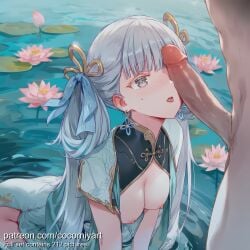 1boy 1girl ai_generated blush breasts breasts_out china_dress chinese_clothes clothed_female_nude_male cocomiyart dress earrings erection flower grey_eyes grey_hair hair_ornament hair_ribbon hair_rings hetero highres imminent_fellatio jewelry jinhsi_(wuthering_waves) lily_pad long_hair looking_at_penis lotus medium_breasts mole mole_under_eye nipples nsfw nude open_mouth partially_submerged penis penis_awe penis_on_face pink_flower ribbon solo_focus tongue tongue_out twintails uncensored water white_dress wuthering_waves