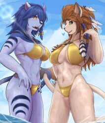 anthro beach bikini blue_fur blue_hair fermusieboir4 fermusr4 final_fantasy final_fantasy_xiv furry gold_bikini green_eyes hrothgar hrothgar_female lion_ears lion_tail lioness ocean orange_hair sharp_teeth smile square_enix stripes wuk_lamat yellow_eyes yellow_fur