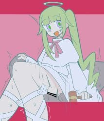 1boy 1girls angel clothed clothed_sex female green_hair halo penetration sex sweat voifoooork