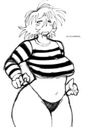 1girl 1girls blush closed_eyes curvy drooling grayscale large_breasts navel okami_kojin original original_character short_hair striped_sweater sweater tagme thick_thighs thong voluptuous