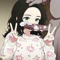 1boy 1girls ai_generated black_hair blonde blowjob blush blushing brunette brunette_female brunette_hair clothed clothing cuckold cuckolding dirty fellatio green_eyes interracial long_hait looking_at_penis ntr oral original_character peace_sign petite petite_body size_difference smegma submissive submissive_female teenager